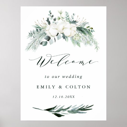 Evergreen & Cotton Blume Elegante Hochzeit Willkom Poster (Vorne)