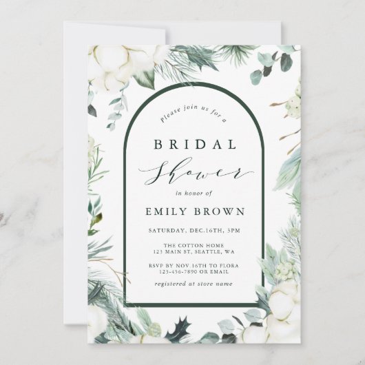 Evergreen & Cotton Blume Elegantes Brautparty Einladung (Vorderseite)