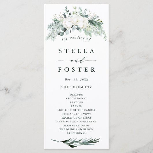 Evergreen & Cotton Blume Elegantes Hochzeitsprogra Programm (Vorderseite)
