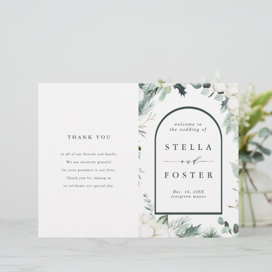 Evergreen & Cotton-Blume: Gedecktes Hochzeitsprogr (Stehend Vorderseite)