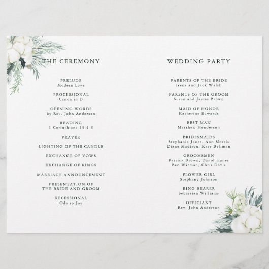 Evergreen & Cotton-Blume: Gedecktes Hochzeitsprogr (Rückseite)