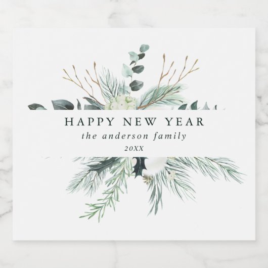 Evergreen & Cotton Blume glücklich Neues Jahr Schaumweinetikett (Einzelnes Label)