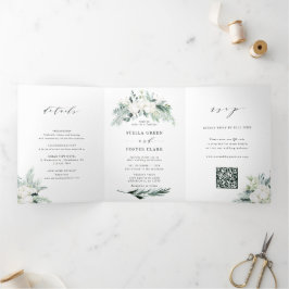 Evergreen & Cotton Blume QR Code UAWG Wedding Dreifach Gefaltete Einladung