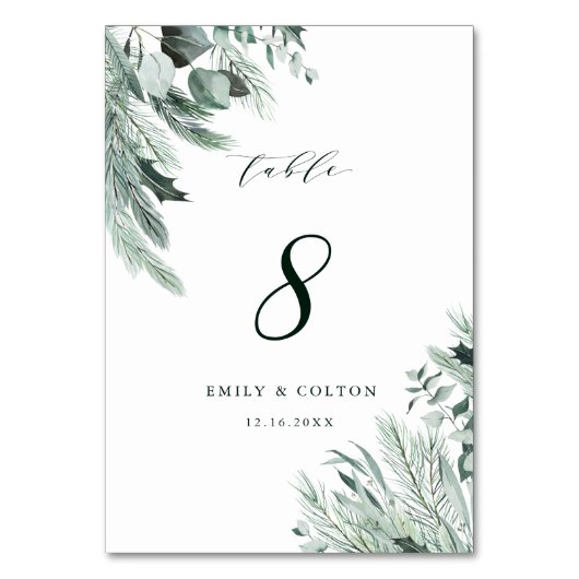 Evergreen Elegante Watercolor Wedding Tischnummer (Vorderseite)