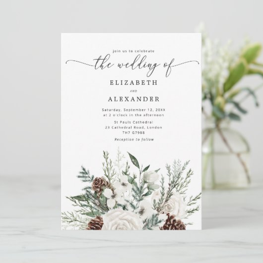 Evergreen elegante Winter Hochzeit QR Code Foto Einladung (Stehend Vorderseite)