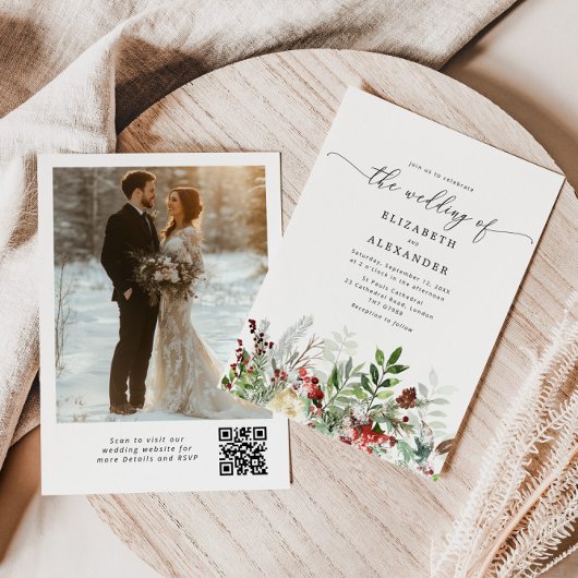 Evergreen elegante Winter Hochzeit QR Code Foto Einladung