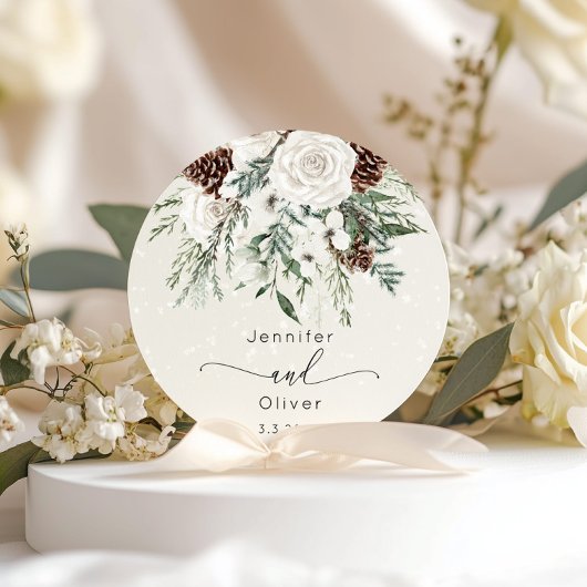 Evergreen elegante Winterhochzeit Runder Aufkleber