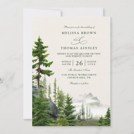 Evergreen Forest Rustic Mountain QR Code Wedding Einladung (Vorderseite)