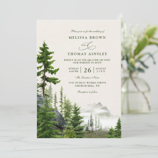 Evergreen Forest Rustic Mountain QR Code Wedding Einladung (Stehend Vorderseite)
