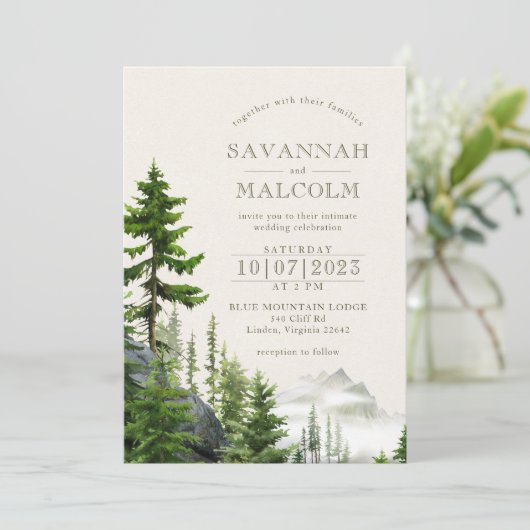 Evergreen Forest | Rustikale Hochzeit Einladung (Stehend Vorderseite)