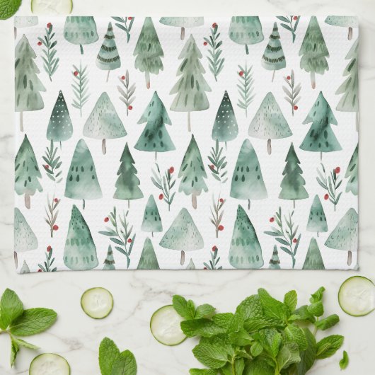 Evergreen Forest Watercolor Kitchen Towel Geschirrtuch (Gefaltet)