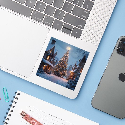 Evergreen Glow - Square Vinyl Sticker (Laptop mit iPhone)