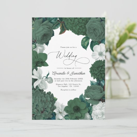 Evergreen, Juniper & Snow White Wedding Einladung (Stehend Vorderseite)