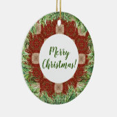 Evergreen Kranz und rotes Muster Keramik Ornament (Rechts)