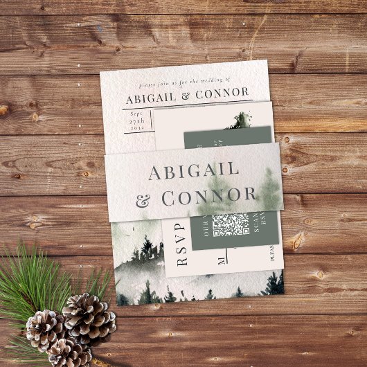 Evergreen Mountain Mist Rustikaler Winter White Gr Einladungsbanderole