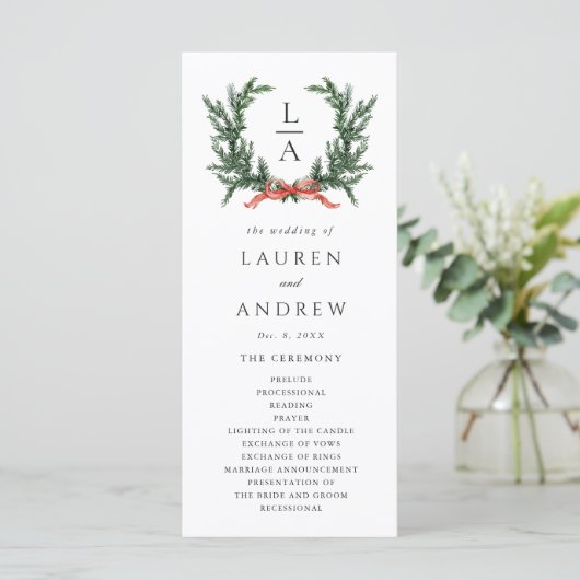Evergreen Pine Wreath Wedding Ceremony Program Programm (Stehend Vorderseite)