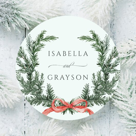 Evergreen Pine Wreath Wedding Mint Green Runder Aufkleber
