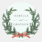 Evergreen Pine Wreath Wedding Mint Green Runder Aufkleber (Vorderseite)