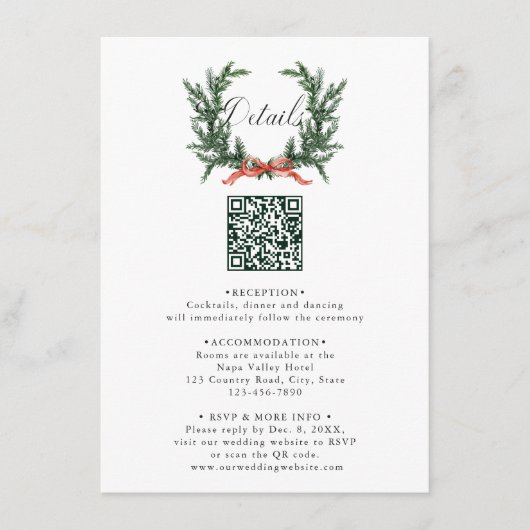 Evergreen Pine Wreath Wedding QR Code Details Begleitkarte (Vorderseite)