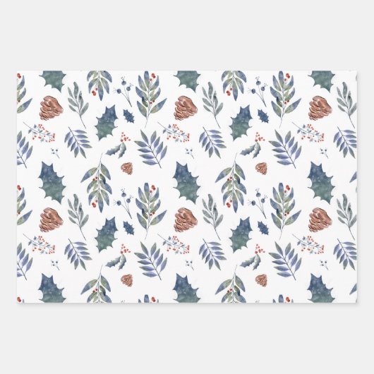 Evergreen Pinecones & Berries Green, White, Red Geschenkpapier Set (Vorderseite)