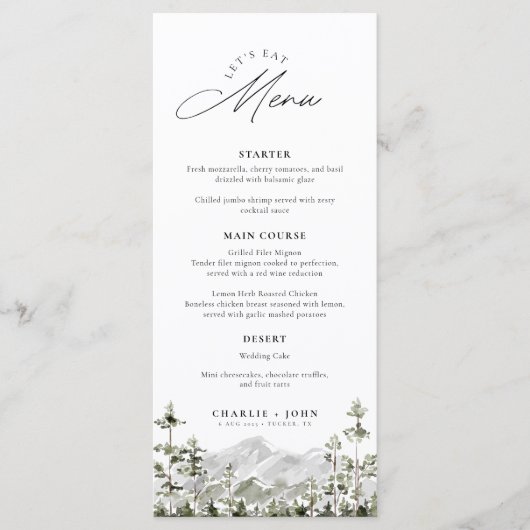 Evergreen Rustic Mountain Forest Boho Wedding Menü Menükarte (Vorderseite)