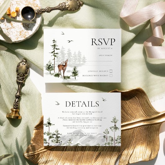 Evergreen Rustic Mountain Forest Wedding RSVP Card Karte