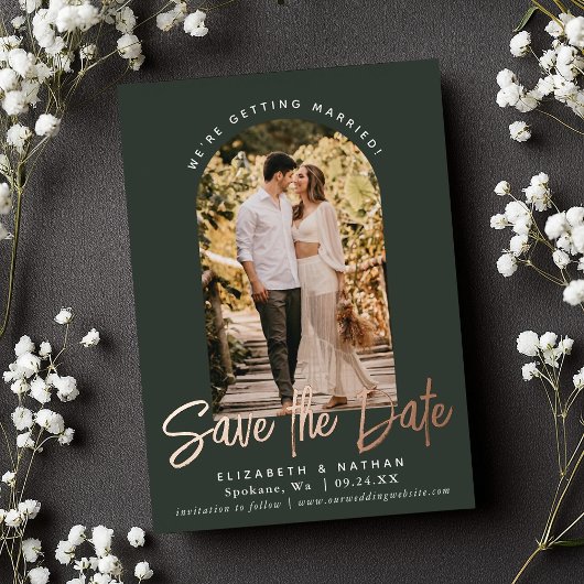 Evergreen Save the Date Stilvolle Script Foto Foil Folieneinladung
