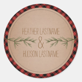 Evergreen Tree Branches Karierte Hochzeitsticker Runder Aufkleber