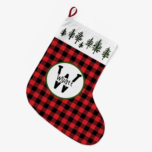 Evergreen Trees And Check Pattern Großer Weihnachtsstrumpf (Vorderansicht (hängend))