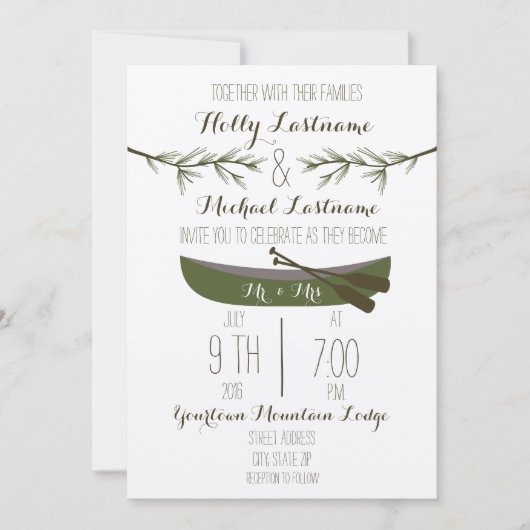 Evergreen Trees + Canoe Wedding Einladung (Vorderseite)