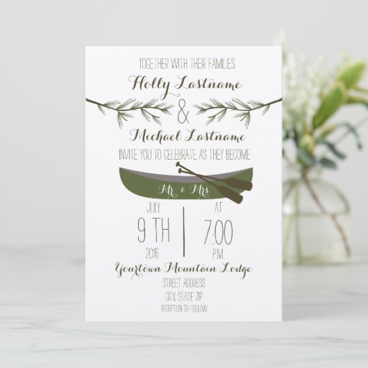 Evergreen Trees + Canoe Wedding Einladung (Stehend Vorderseite)