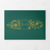 Evergreen und Gold Rahmen, Initialen Winterhochzei Dreifach Gefaltete Einladung (Cover)