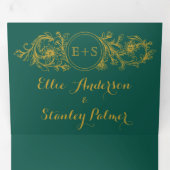 Evergreen und Gold Rahmen, Initialen Winterhochzei Dreifach Gefaltete Einladung (Innen Erste Seite)