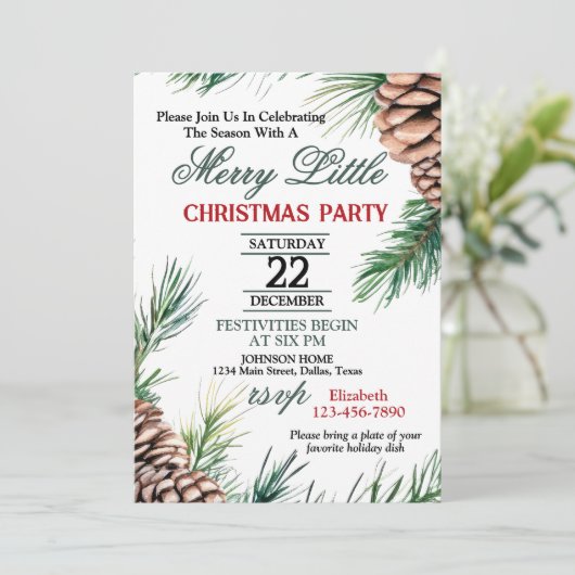 Evergreen und Pinecone Weihnachten Party Einladung (Stehend Vorderseite)