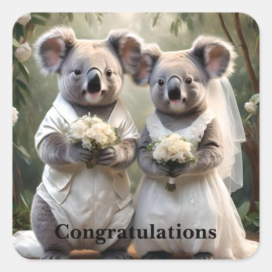 "Evergreen Vows: Eine Koala-Hochzeit in Weiß" Quadratischer Aufkleber (Vorderseite)