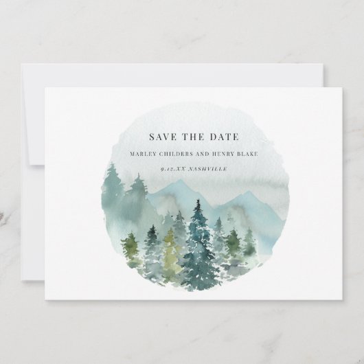 Evergreen Watercolor Wedding Save the Date (Vorderseite)