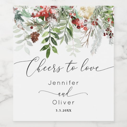 Evergreen winter elegant Cheers to Liebe Weinetikett (Einzelnes Label)