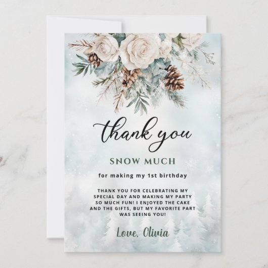 Evergreen Winter Erster Geburtstag Danke Karte (Vorderseite)