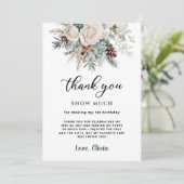 Evergreen Winter Erster Geburtstag Dankeskarte (Stehend Vorderseite)