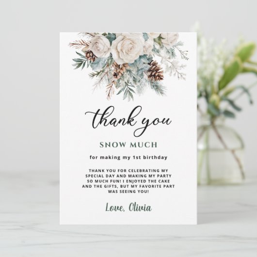 Evergreen Winter Erster Geburtstag Dankeskarte (Stehend Vorderseite)