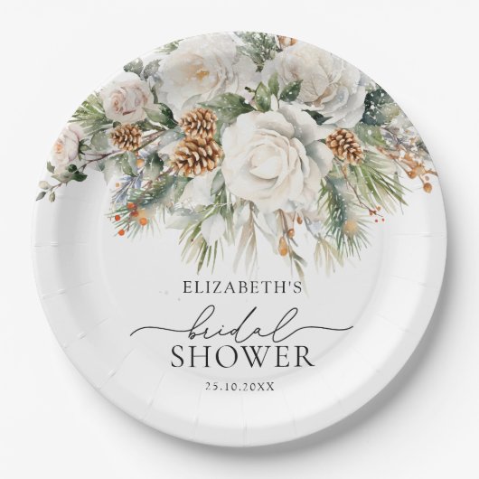 Evergreen Winter Floral Brautparty Pappteller (Vorderseite)