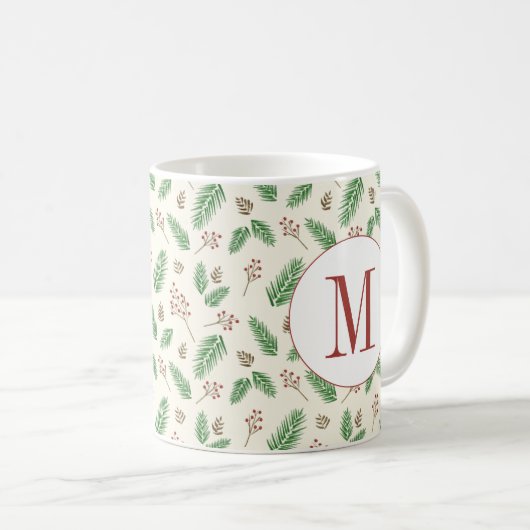 Evergreen Winter Floral Initial Monogram Christmas Kaffeetasse (VorderseiteRechts)