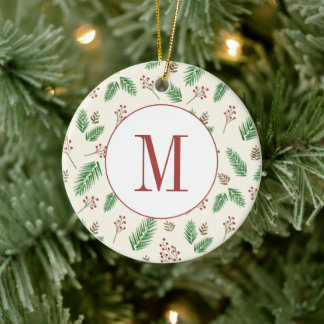 Evergreen Winter Floral Initial Monogram Christmas Keramik Ornament