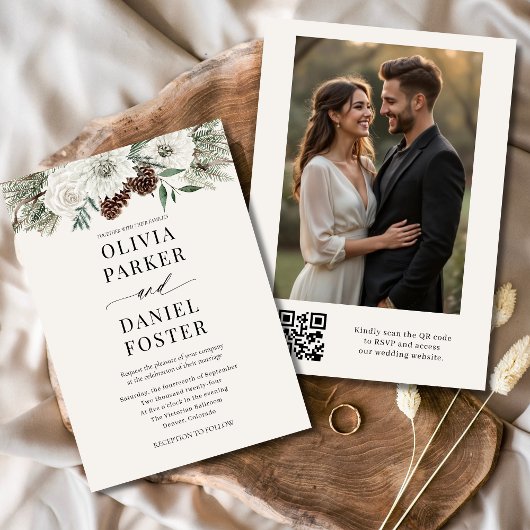 Evergreen Winter Foto QR Code Elegante Hochzeit Einladung