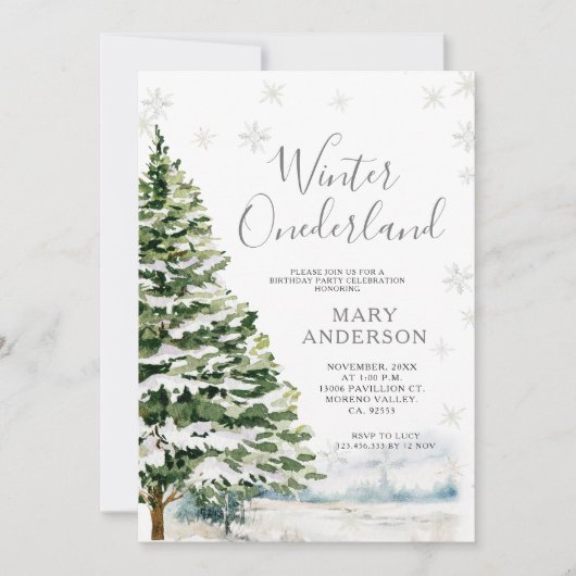 Evergreen Winter Onederland 1. Geburtstag Einladung (Vorderseite)