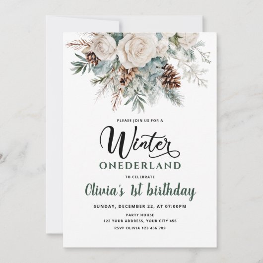 Evergreen Winter Onederland Erster Geburtstag Einladung (Vorderseite)