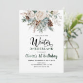 Evergreen Winter Onederland Erster Geburtstag Einladung (Stehend Vorderseite)