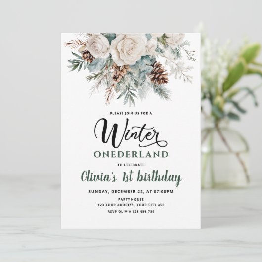 Evergreen Winter Onederland Erster Geburtstag Einladung (Stehend Vorderseite)