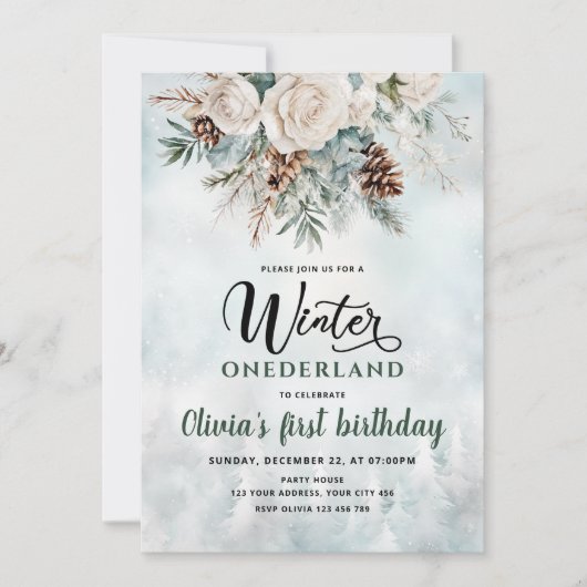 Evergreen Winter Onederland Erster Geburtstag Einladung (Vorderseite)