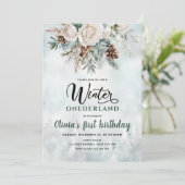 Evergreen Winter Onederland Erster Geburtstag Einladung (Stehend Vorderseite)